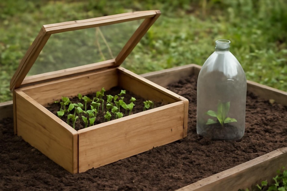 Wooden cold frame with seedlings and a plastic bottle cloche nearby