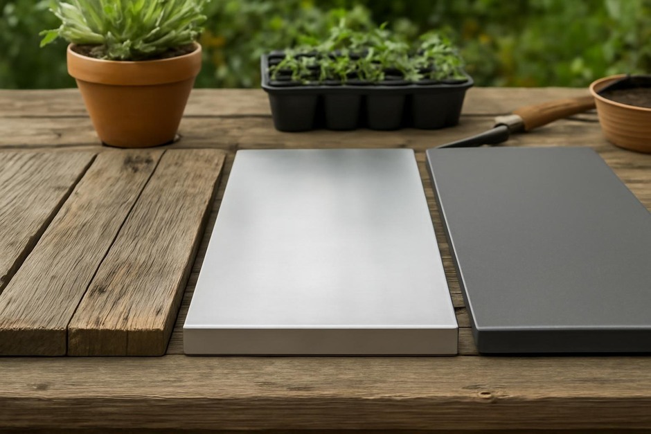 Close-up of three potting bench surfaces: weathered wood, stainless steel, and composite board