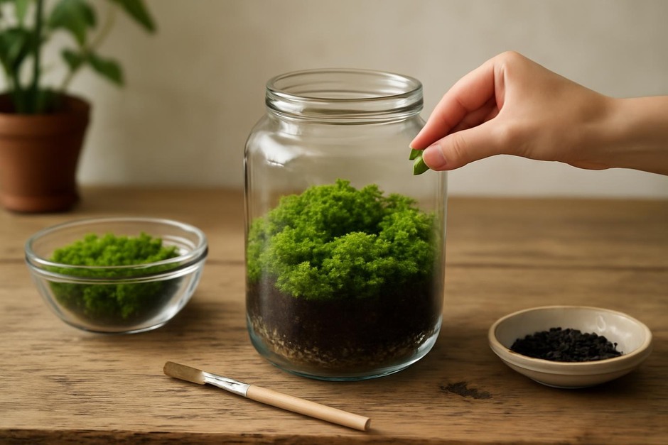 Glass jar with green moss terrarium on a wooden table