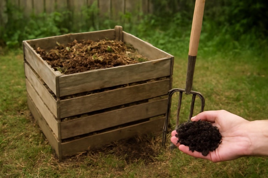 Small backyard compost bin with a gardening fork and a handful of finished dark compost