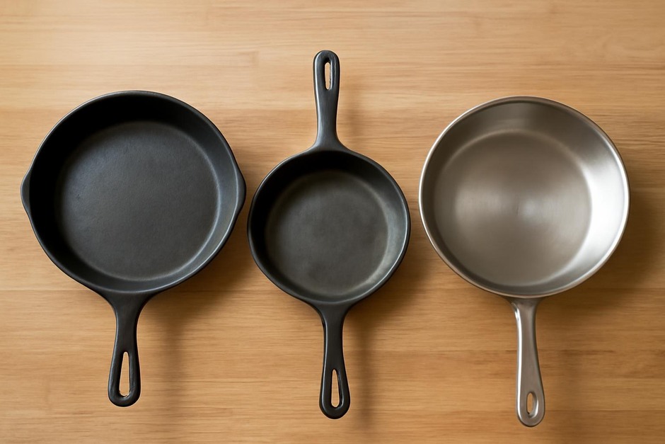 Three skillets of cast iron, carbon steel, and stainless steel on a wooden countertop