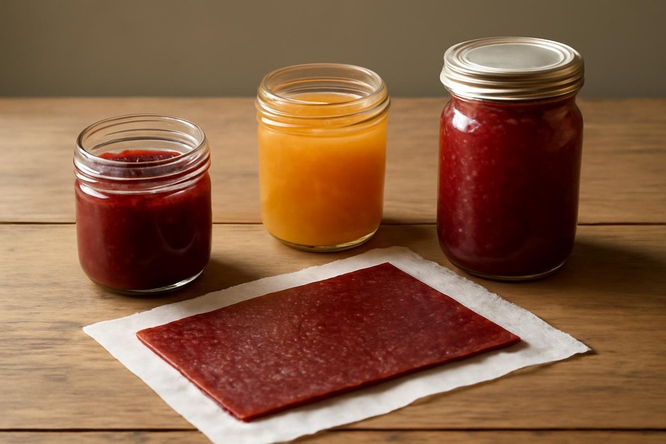 Three small jars of fruit preserves and a sheet of homemade fruit leather on a wooden table