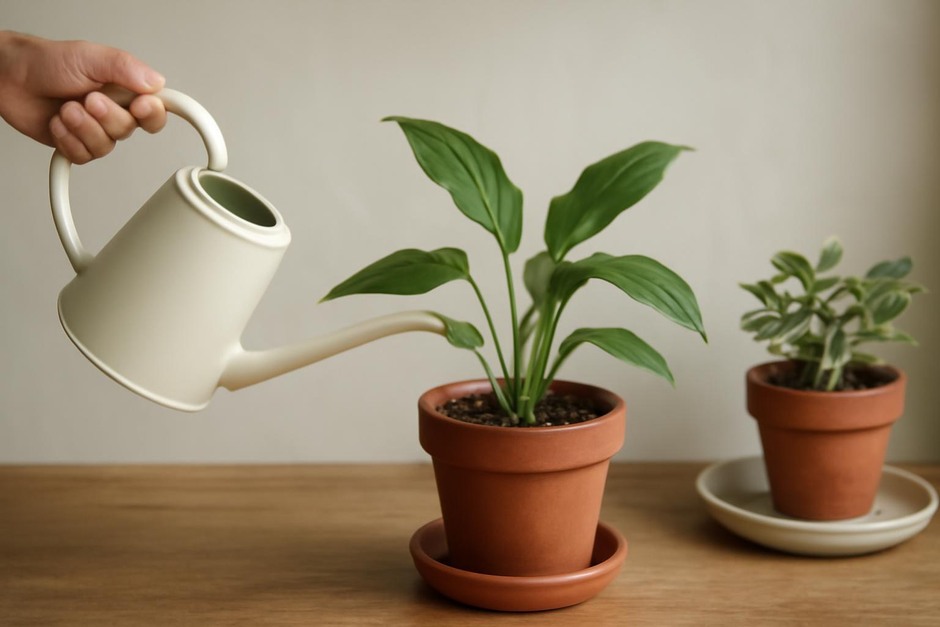 A watering can above a potted plant and a shallow tray beneath another pot