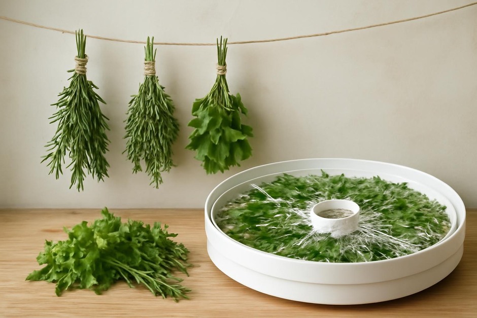 Bunches of drying herbs hanging and herbs on a dehydrator tray