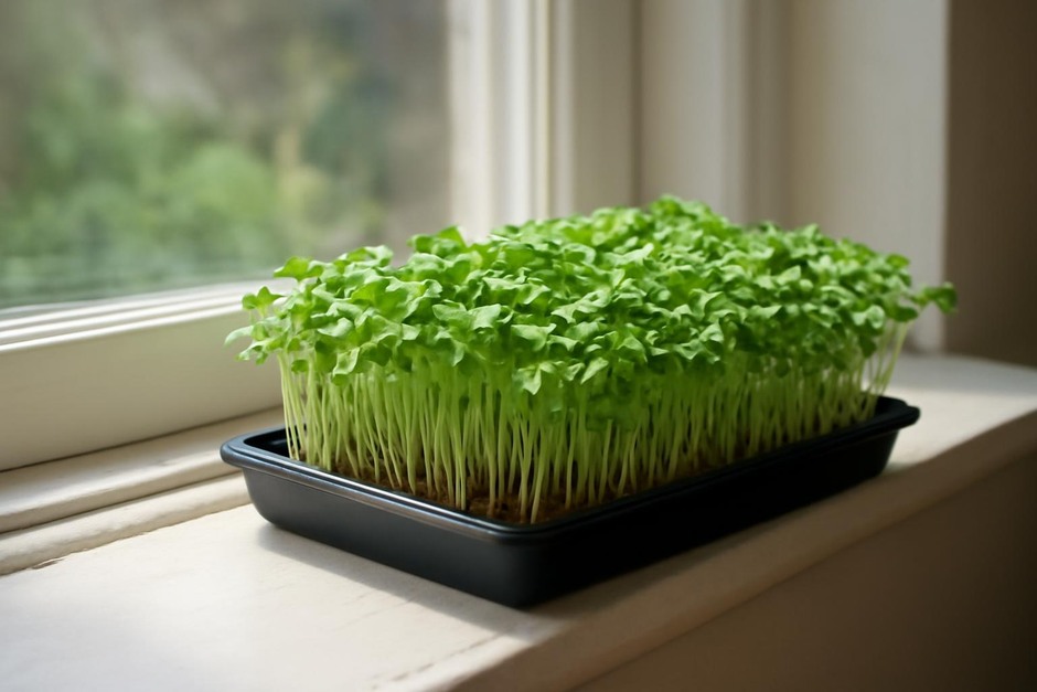 Tray of bright microgreens on a sunny windowsill